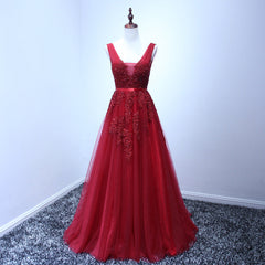 Short Prom Dress, Wine Red V-neckline Tulle Long Prom Dress, Dark Red Floor Length Party Dress, Bridesmaid Dress