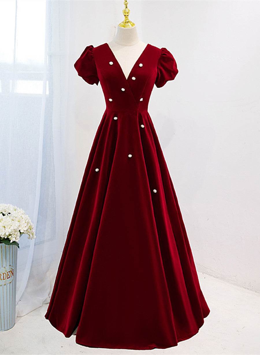 Wedding Dresses Prices, Wine Red V-neckline Velvet Prom Dress Party Dress, A-line Wedding Party Dress