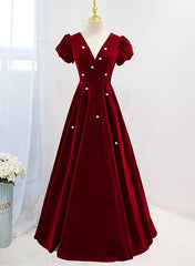 Wedding Dresses Prices, Wine Red V-neckline Velvet Prom Dress Party Dress, A-line Wedding Party Dress