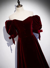 Formal Dress Shopping, Wine Red Velvet Floor Length Short Sleeves Party Dress, A-line Wine Red Bridesmaid Dress