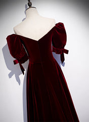 Formal Dress For Sale, Wine Red Velvet Floor Length Short Sleeves Party Dress, A-line Wine Red Bridesmaid Dress