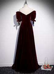 Formal Dresses For Sale, Wine Red Velvet Floor Length Short Sleeves Party Dress, A-line Wine Red Bridesmaid Dress