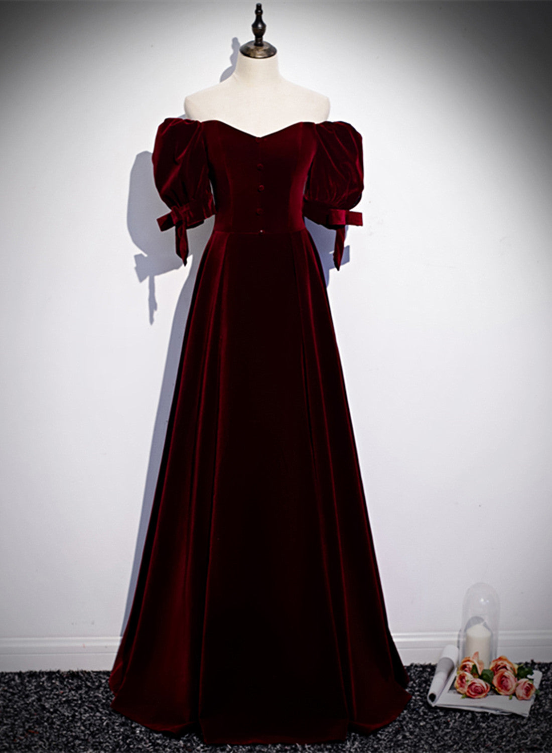 Formal Dresses Shop, Wine Red Velvet Floor Length Short Sleeves Party Dress, A-line Wine Red Bridesmaid Dress