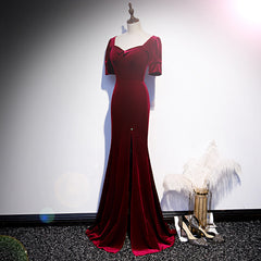 Prom Dresses 2025, Wine Red Velvet Mermaid Long Evening Party Dresses, Dark Red Velvet Formal Dresses