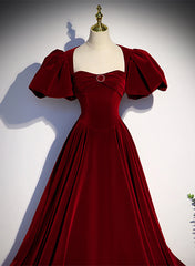 Party Dress Maxi, Wine Red Velvet Puffy Sleeves Long Party Dress, Wine Red Long Prom Dress