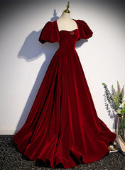 Party Dresses Maxi, Wine Red Velvet Puffy Sleeves Long Party Dress, Wine Red Long Prom Dress