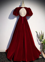 Party Dress Casual, Wine Red Velvet Puffy Sleeves Long Party Dress, Wine Red Long Prom Dress