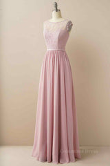 Party Dress New Look, Wisteria A-line Illusion Lace Cap Sleeves Chiffon Long Prom Dress