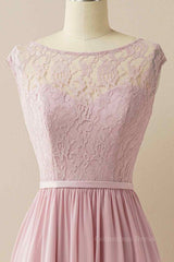 Party Dresses For Wedding, Wisteria A-line Illusion Lace Cap Sleeves Chiffon Long Prom Dress