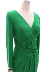 Homecoming Dresses Ideas, Women Long Mother of Bride Dresses Green Grey Long Sleeve V Neck Evening Dress