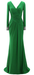 Homecoming Dress Classy, Women Long Mother of Bride Dresses Green Grey Long Sleeve V Neck Evening Dress