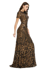 Couture Gown, Short Sleeves Sequins A-Line Formal Evening Dress