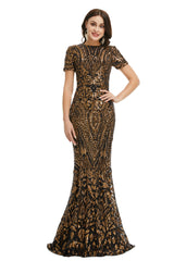 Casual Gown, Short Sleeves Sequins A-Line Formal Evening Dress