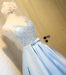 Prom Dress Ideas, Sky Blue A Line V Neck Short Prom Dresses, Appliques Lace Homecoming Dresses