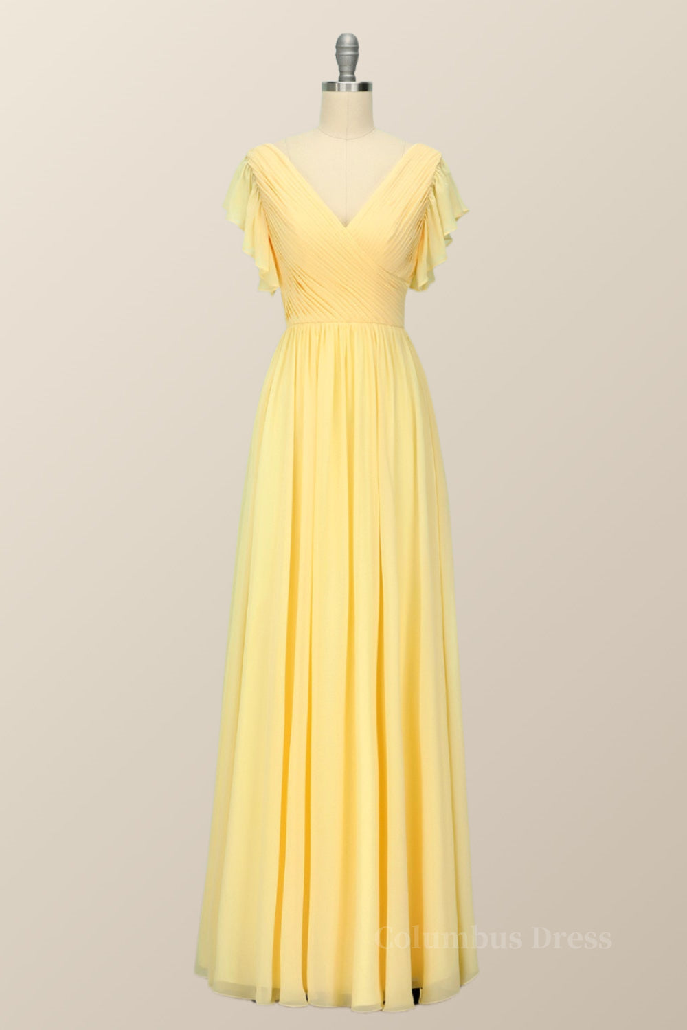 Bridesmaid Dresses Color Palette, Yellow Chiffon A-line Pleated Long Bridesmaid Dress