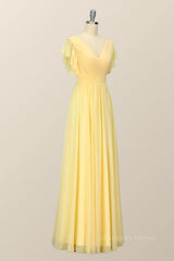 Bridesmaid Dresses Color Palettes, Yellow Chiffon A-line Pleated Long Bridesmaid Dress