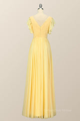 Bridesmaid Dress Color Palette, Yellow Chiffon A-line Pleated Long Bridesmaid Dress