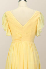 Bridesmaids Dresses Different Styles, Yellow Chiffon A-line Pleated Long Bridesmaid Dress