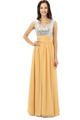 Party Dress Inspiration, Yellow Chiffon Silver Sequins V-neck Backless Bridesmaid Dresses