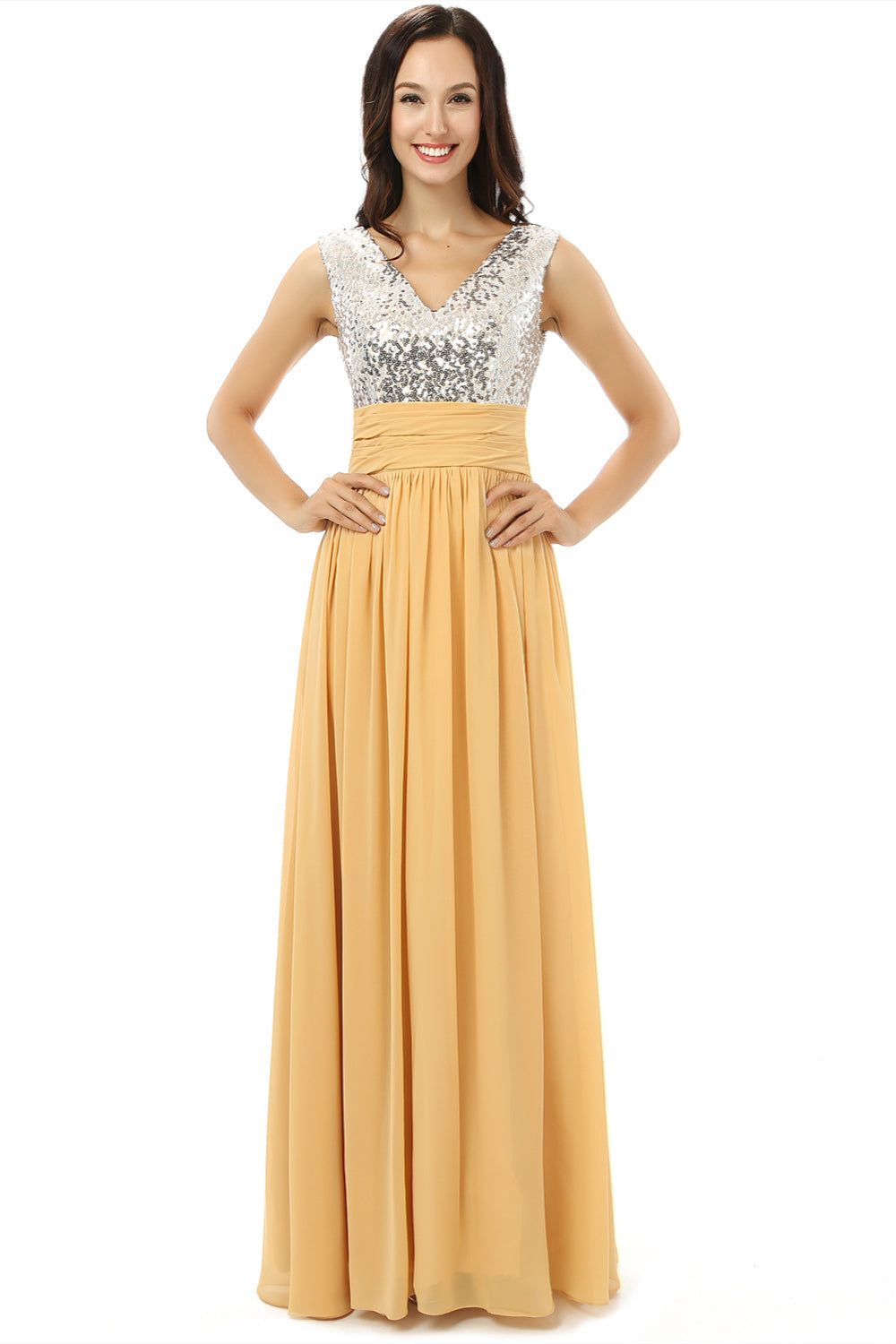 Party Dress Styles, Yellow Chiffon Silver Sequins V-neck Backless Bridesmaid Dresses
