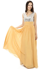 Party Dresses Ladies, Yellow Chiffon Silver Sequins V-neck Backless Bridesmaid Dresses
