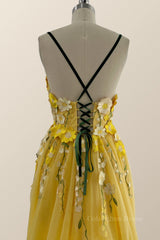 Bridesmaid Dress Style Long, Yellow Floral Embroidery A-line Long Formal Dress