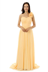 Wedding Pictures Ideas, Yellow One Shoulder Chiffon With Pleats Flower Bridesmaid Dresses