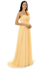 Beach Wedding Guest Dress, Yellow One Shoulder Chiffon With Pleats Flower Bridesmaid Dresses