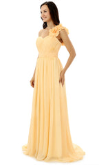 Indian Wedding Dress, Yellow One Shoulder Chiffon With Pleats Flower Bridesmaid Dresses