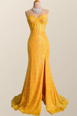 Black Formal Dress, Yellow Sequin Corset Mermaid Long Party Dress