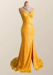 Long Sleeve Prom Dress, Yellow Sequin Corset Mermaid Long Party Dress