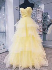 Prom Dresses Blue Long, Yellow Sweetheart Tulle Long Prom Dress With Layered Graduation Gown