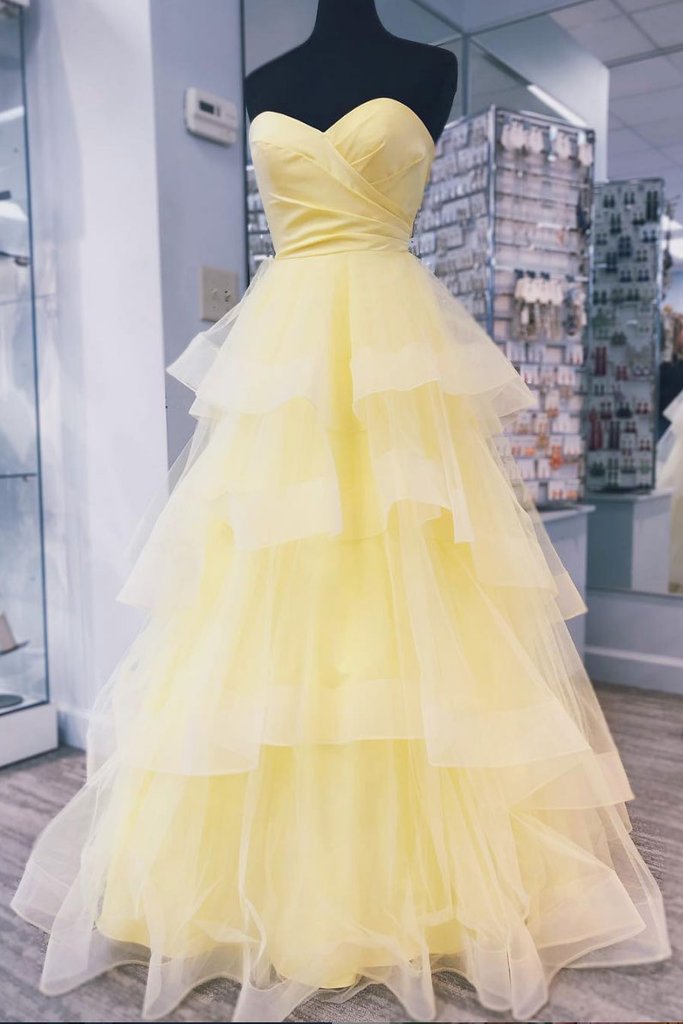 Prom Dress Blue Long, Yellow Sweetheart Tulle Long Prom Dress With Layered Graduation Gown