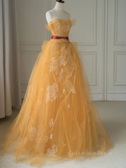 Prom Dresse Princess, Yellow tulle lace long prom dress, yellow tulle formal dress