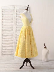 Party Dress Large Size, Yellow V Neck 3D Lace Tea Long Prom Dress, Yellow Evening Dress
