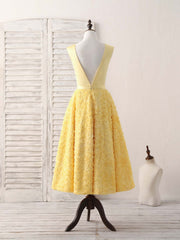 Party Dress Bridal, Yellow V Neck 3D Lace Tea Long Prom Dress, Yellow Evening Dress