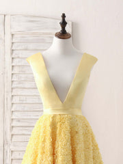 Party Dresses For Short Ladies, Yellow V Neck 3D Lace Tea Long Prom Dress, Yellow Evening Dress