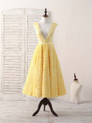 Party Dress Black, Yellow V Neck 3D Lace Tea Long Prom Dress, Yellow Evening Dress