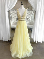 Prom Dress 2022, Yellow v neck tulle lace long prom dress, yellow tulle lace evening dress