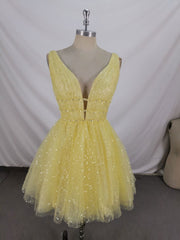 Homecoming Dresses Simpl, Yellow V Neck Tulle Sequin Short Prom Dress, Yellow Tulle Homecoming Dress