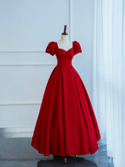 Prom Dresses Outfits, Dark Red Satin Long Prom Dress, A-Line Short Sleeve Evening Party Dress