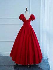 Prom Dress Elegant, Dark Red Satin Long Prom Dress, A-Line Short Sleeve Evening Party Dress