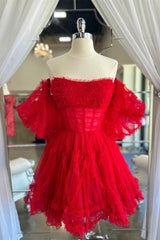 Party Dresses For Teens, Red Tulle Puff Sleeves Ruffles Tulle Homecoming Dress